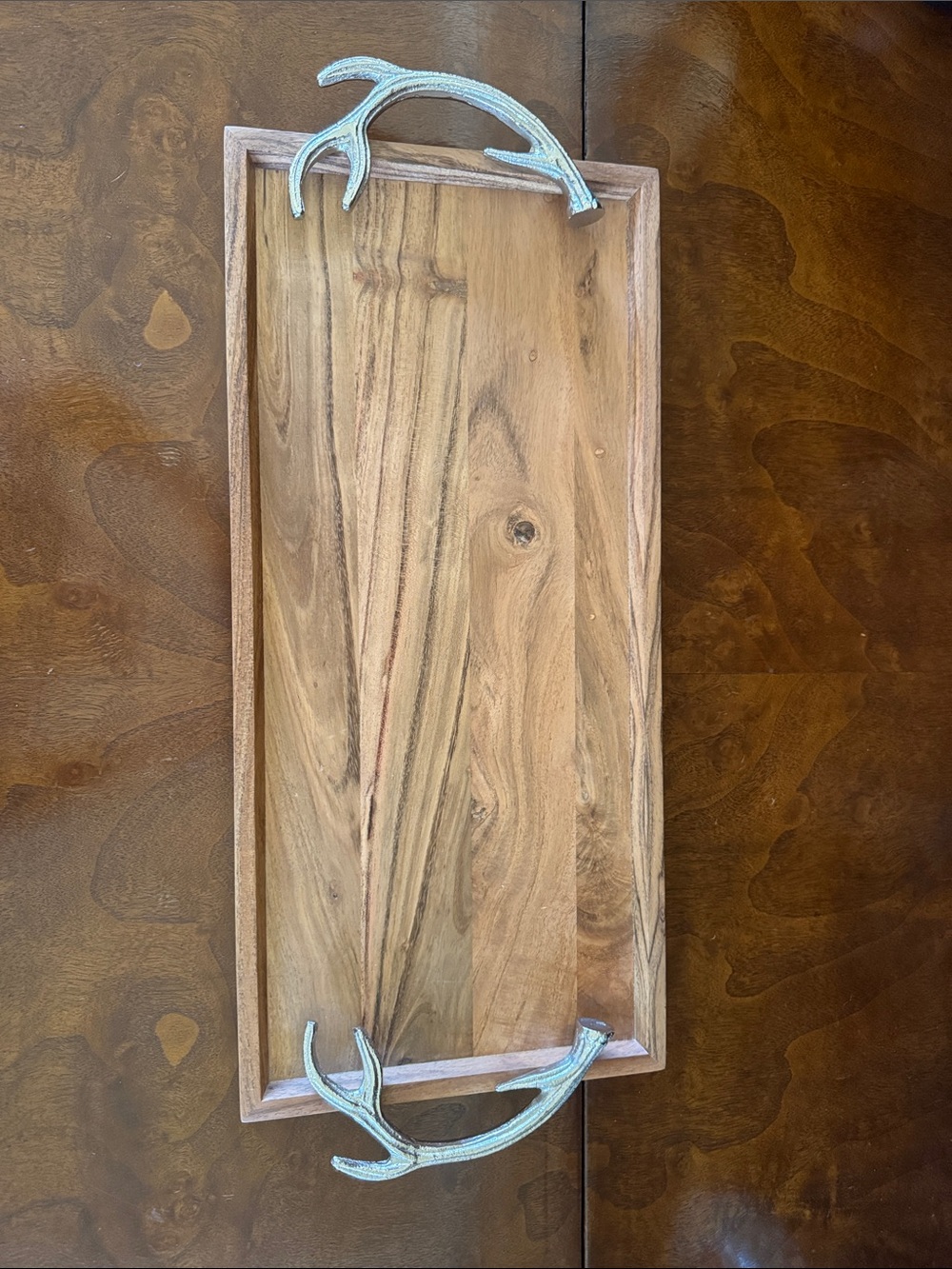 Rustic Antler Mango Wood Serving Tray with Metal Handles